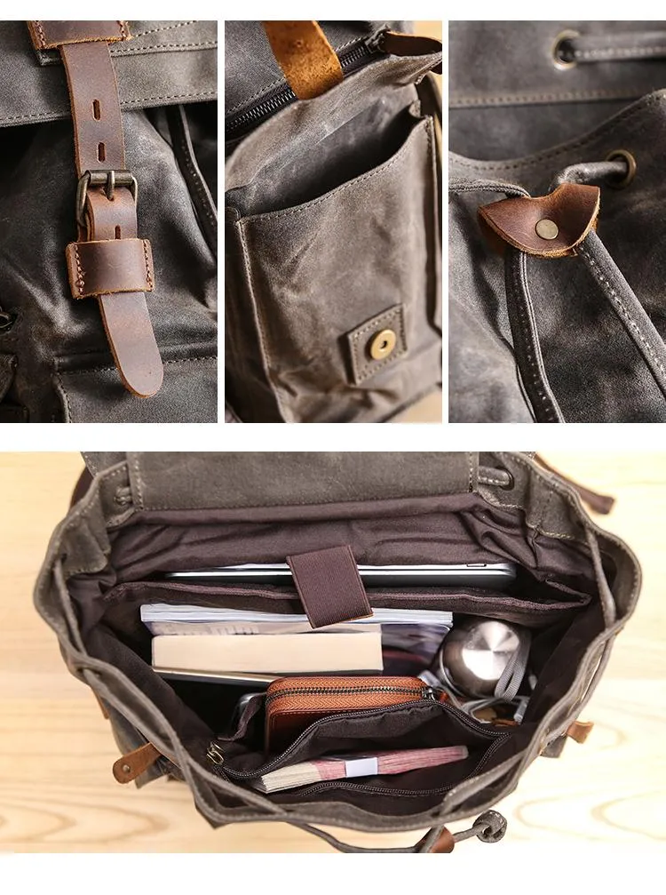 Waxed Canvas Leather Mens Gray Waterproof 15???? Large Backpack Travel Backpack College Backpack for Men