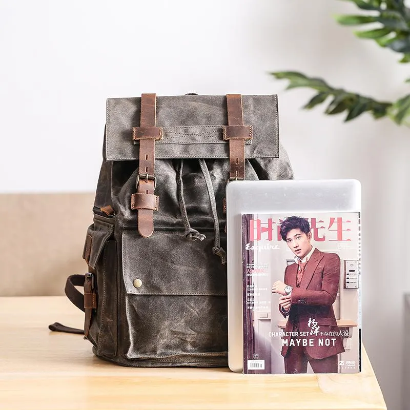 Waxed Canvas Leather Mens Gray Waterproof 15???? Large Backpack Travel Backpack College Backpack for Men