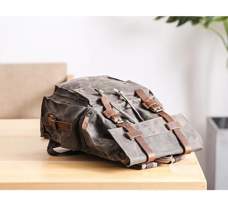 Waxed Canvas Leather Mens Gray Waterproof 15???? Large Backpack Travel Backpack College Backpack for Men