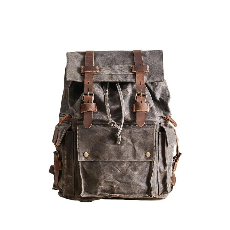 Waxed Canvas Leather Mens Gray Waterproof 15???? Large Backpack Travel Backpack College Backpack for Men
