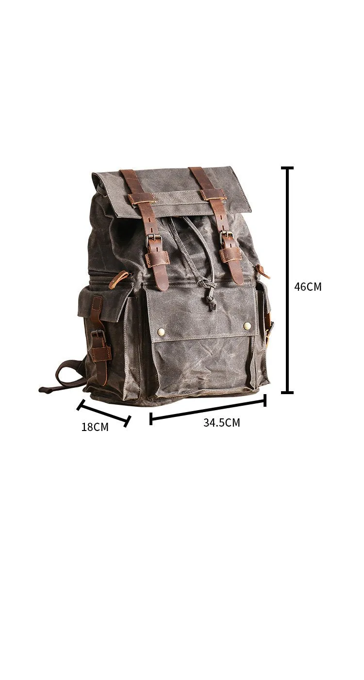 Waxed Canvas Leather Mens Gray Waterproof 15???? Large Backpack Travel Backpack College Backpack for Men