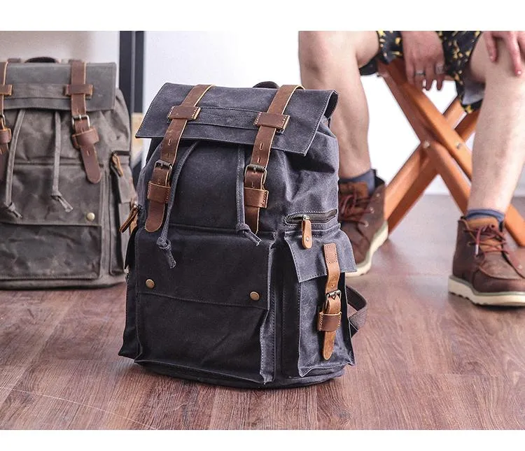 Waxed Canvas Leather Mens Gray Waterproof 15???? Large Backpack Travel Backpack College Backpack for Men