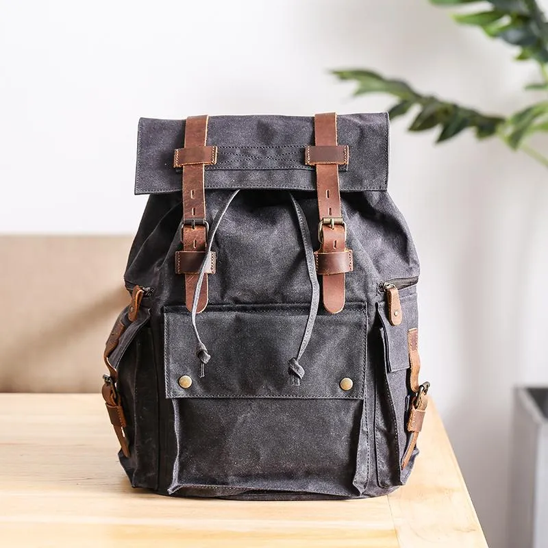Waxed Canvas Leather Mens Gray Waterproof 15???? Large Backpack Travel Backpack College Backpack for Men