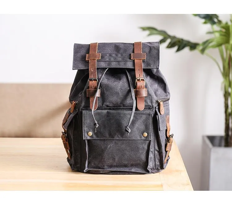 Waxed Canvas Leather Mens Gray Waterproof 15???? Large Backpack Travel Backpack College Backpack for Men