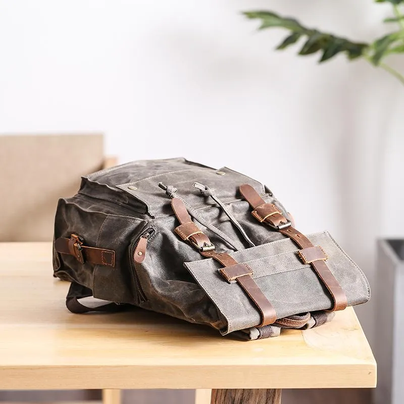 Waxed Canvas Leather Mens Gray Waterproof 15???? Large Backpack Travel Backpack College Backpack for Men