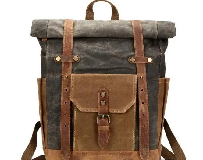 Waxed Canvas Leather Mens Travel Backpacks Canvas Backpack Canvas School Backpack for Men