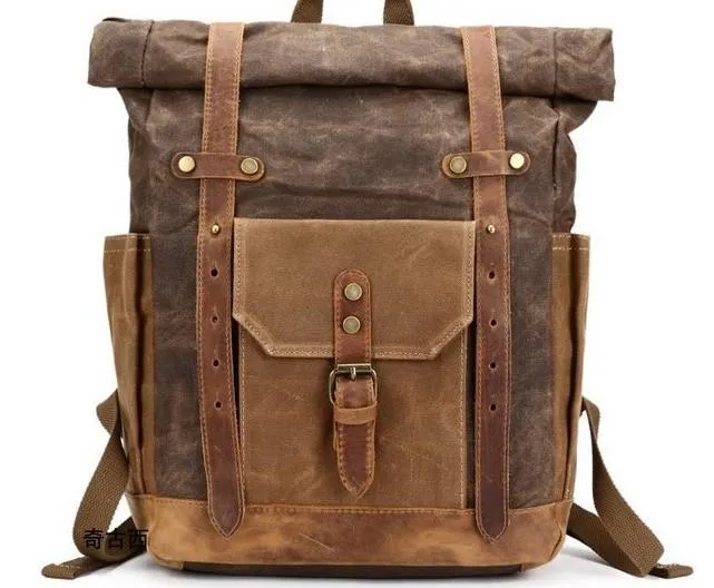 Waxed Canvas Leather Mens Travel Backpacks Canvas Backpack Canvas School Backpack for Men