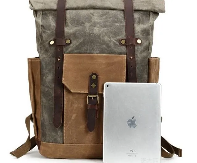 Waxed Canvas Leather Mens Travel Backpacks Canvas Backpack Canvas School Backpack for Men