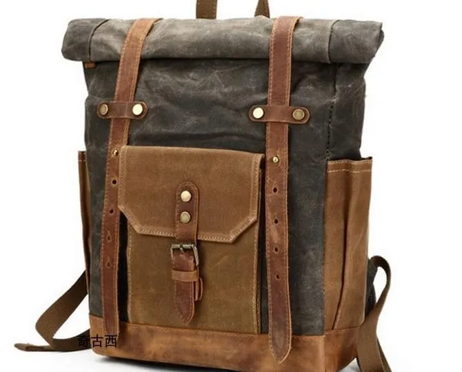 Waxed Canvas Leather Mens Travel Backpacks Canvas Backpack Canvas School Backpack for Men