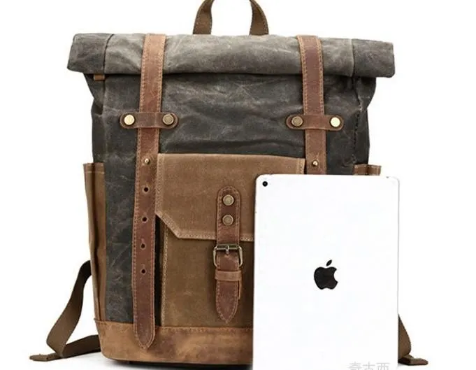 Waxed Canvas Leather Mens Travel Backpacks Canvas Backpack Canvas School Backpack for Men