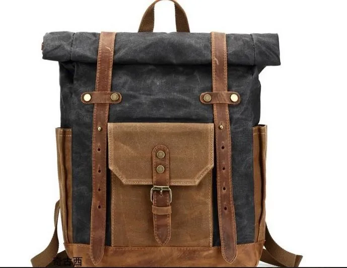 Waxed Canvas Leather Mens Travel Backpacks Canvas Backpack Canvas School Backpack for Men