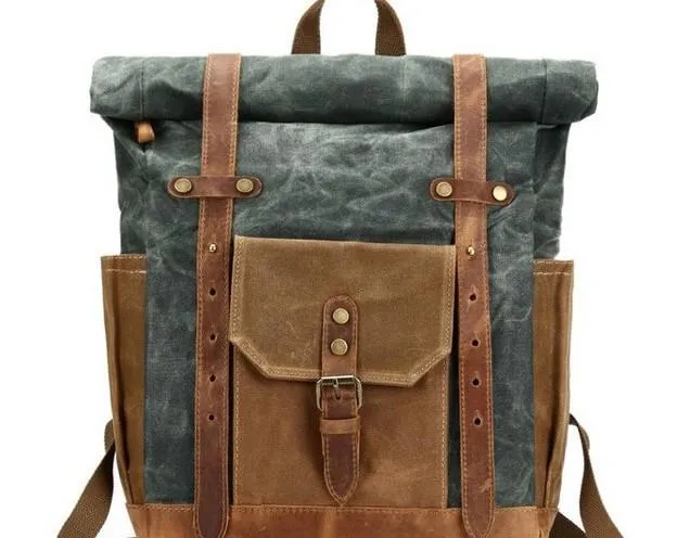 Waxed Canvas Leather Mens Travel Backpacks Canvas Backpack Canvas School Backpack for Men