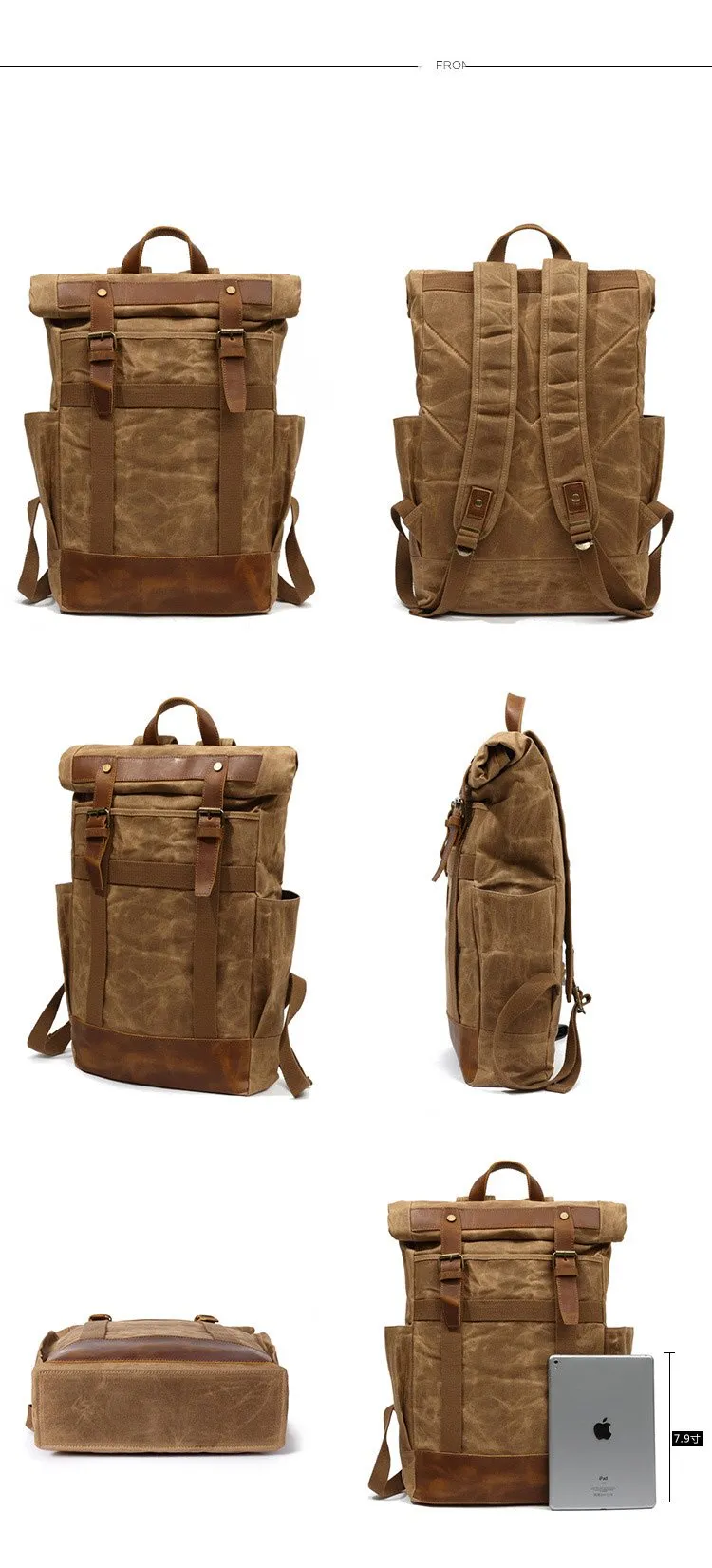 Waxed Canvas Leather Mens Waterproof Black Travel Backpack 15'' Green Computer Hiking Backpack for Men