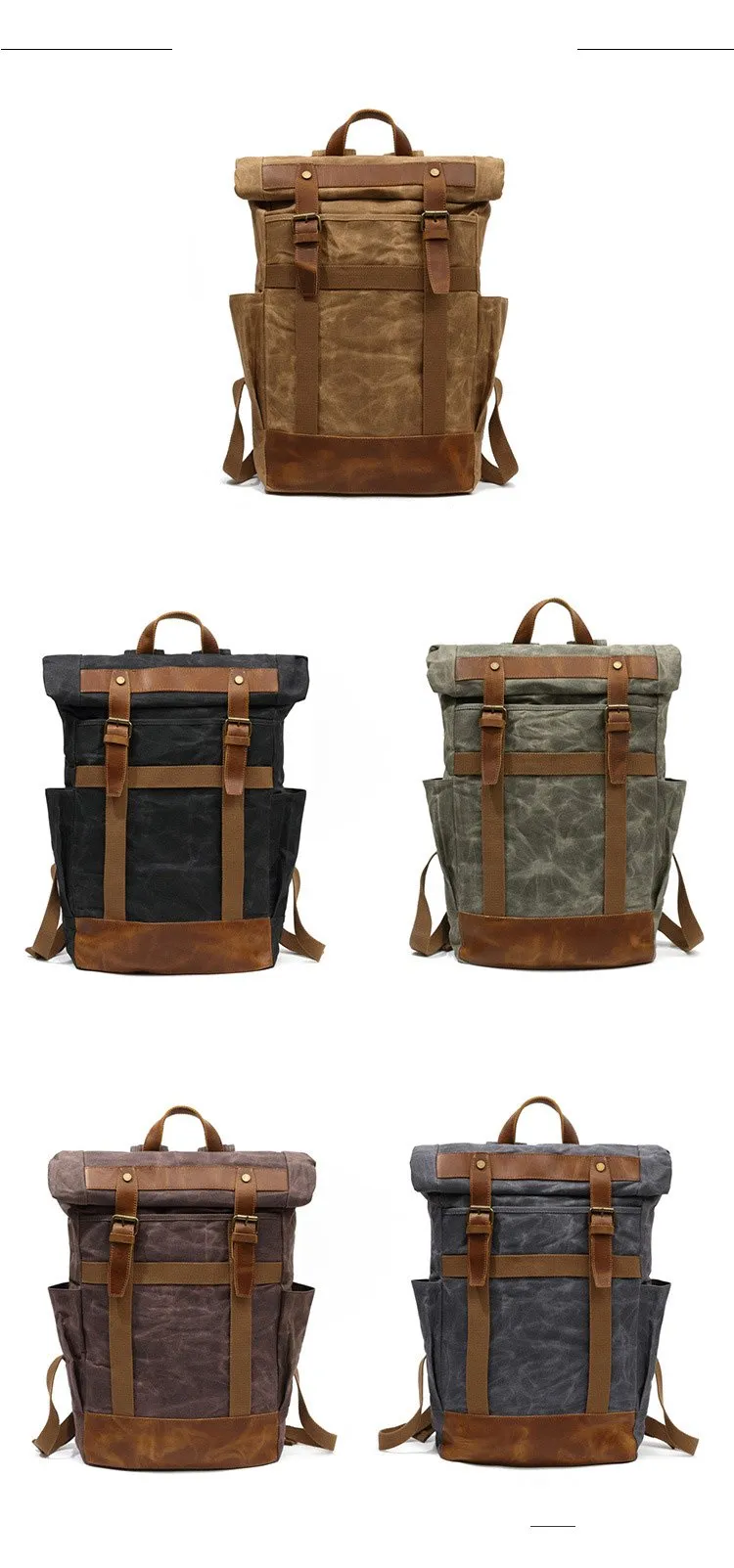 Waxed Canvas Leather Mens Waterproof Black Travel Backpack 15'' Green Computer Hiking Backpack for Men
