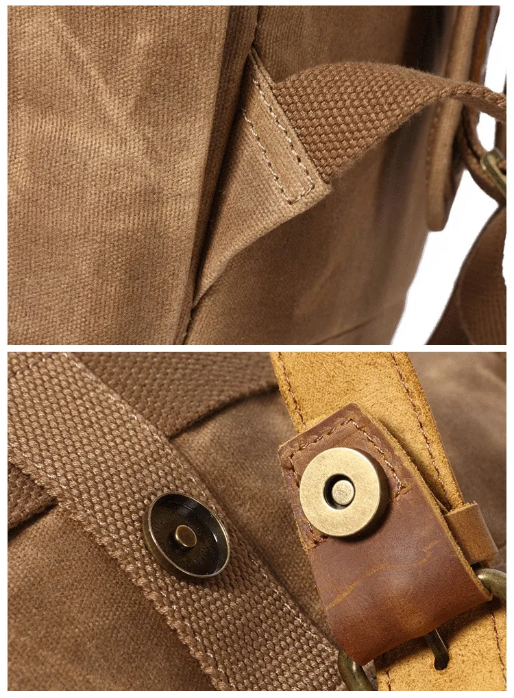 Waxed Canvas Leather Mens Waterproof Black Travel Backpack 15'' Green Computer Hiking Backpack for Men