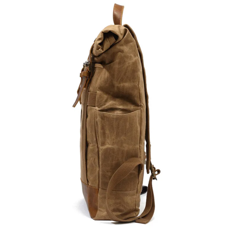 Waxed Canvas Leather Mens Waterproof Black Travel Backpack 15'' Green Computer Hiking Backpack for Men