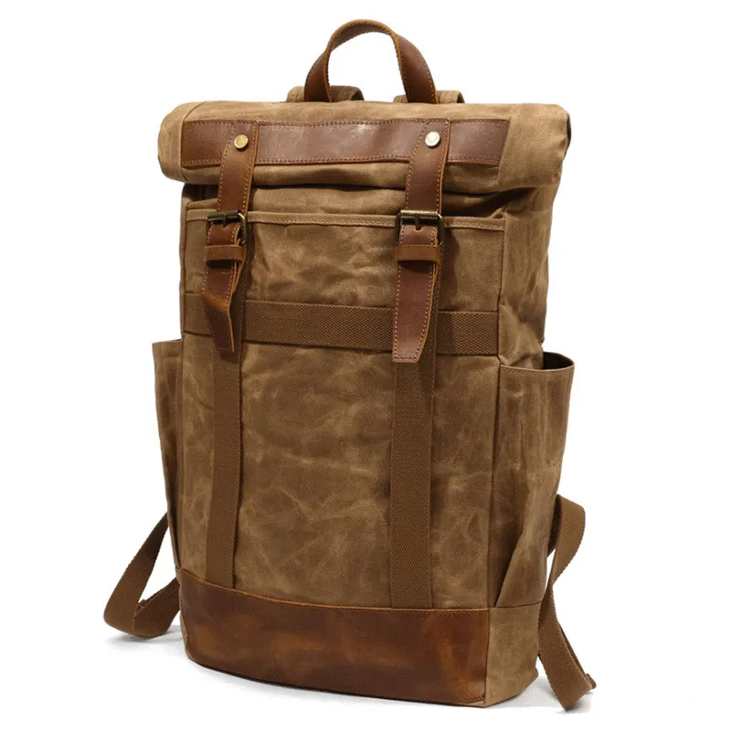 Waxed Canvas Leather Mens Waterproof Black Travel Backpack 15'' Green Computer Hiking Backpack for Men