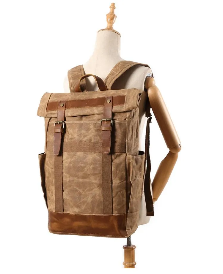 Waxed Canvas Leather Mens Waterproof Black Travel Backpack 15'' Green Computer Hiking Backpack for Men