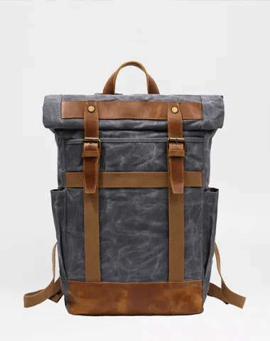 Waxed Canvas Leather Mens Waterproof Black Travel Backpack 15'' Green Computer Hiking Backpack for Men