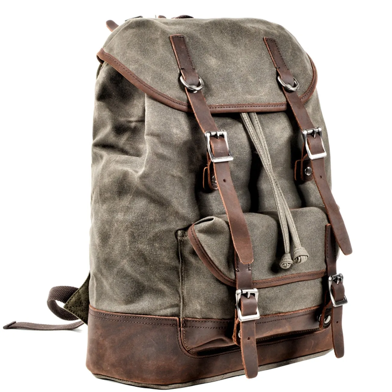 Waxed Canvas Leather Mens Waterproof Travel Green Backpack 15'' Computer Backpack for Men