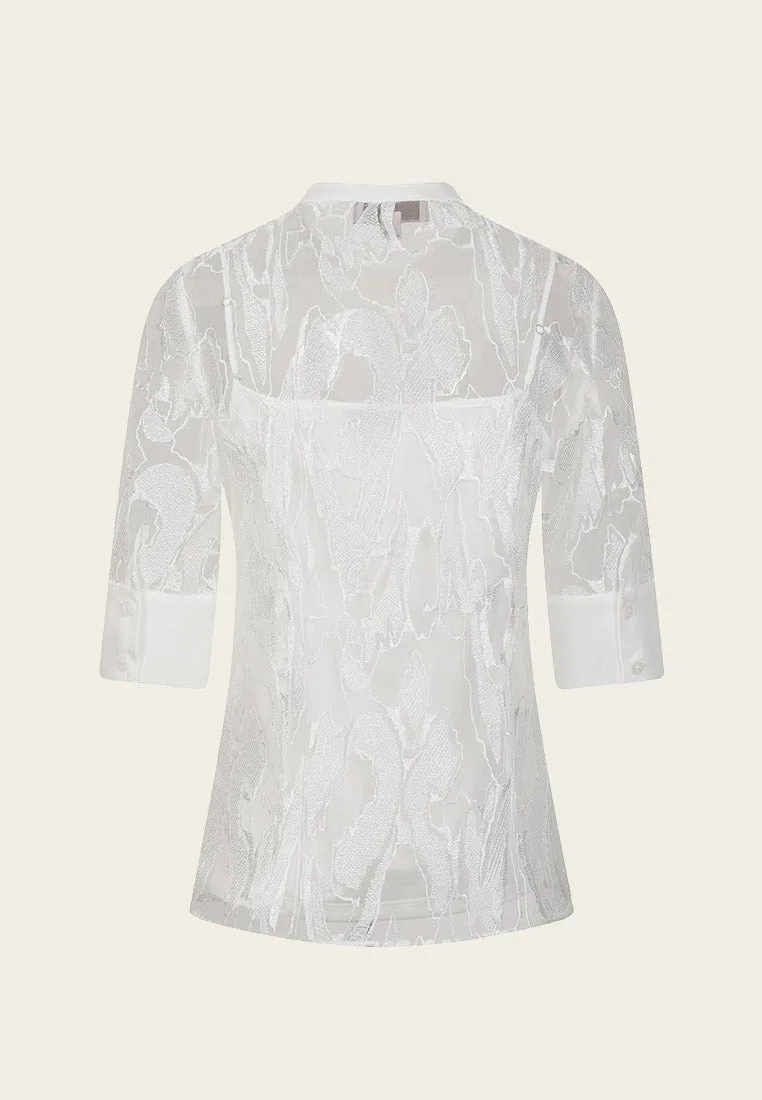White Jacquard Lace Mid Sleeve See-through Shirt