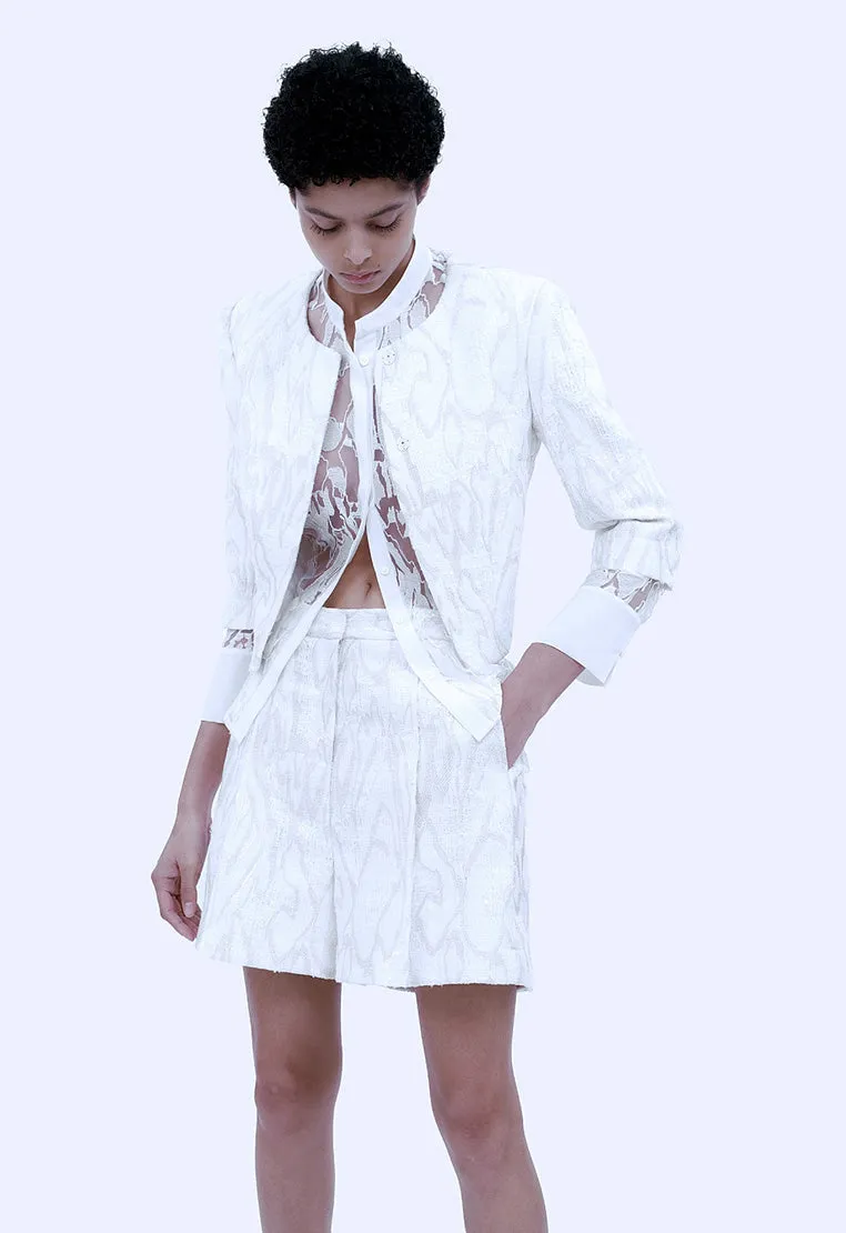 White Jacquard Lace Mid Sleeve See-through Shirt