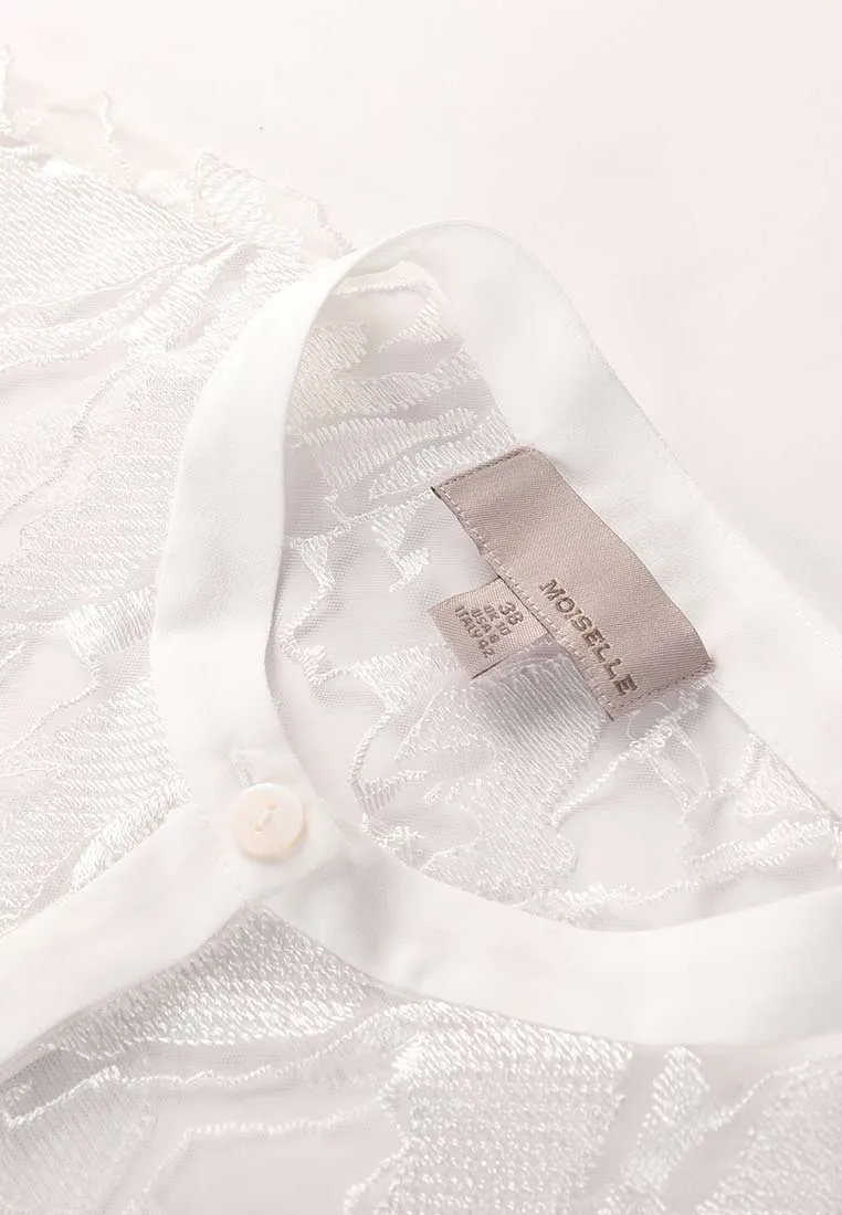 White Jacquard Lace Mid Sleeve See-through Shirt