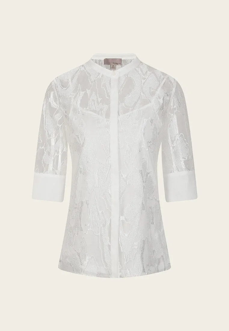 White Jacquard Lace Mid Sleeve See-through Shirt