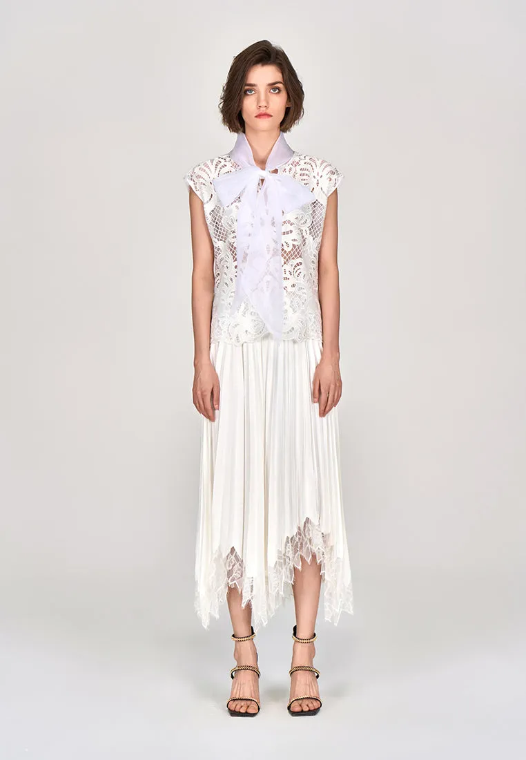 White Pussy Bow Lace Cap Sleeves Top