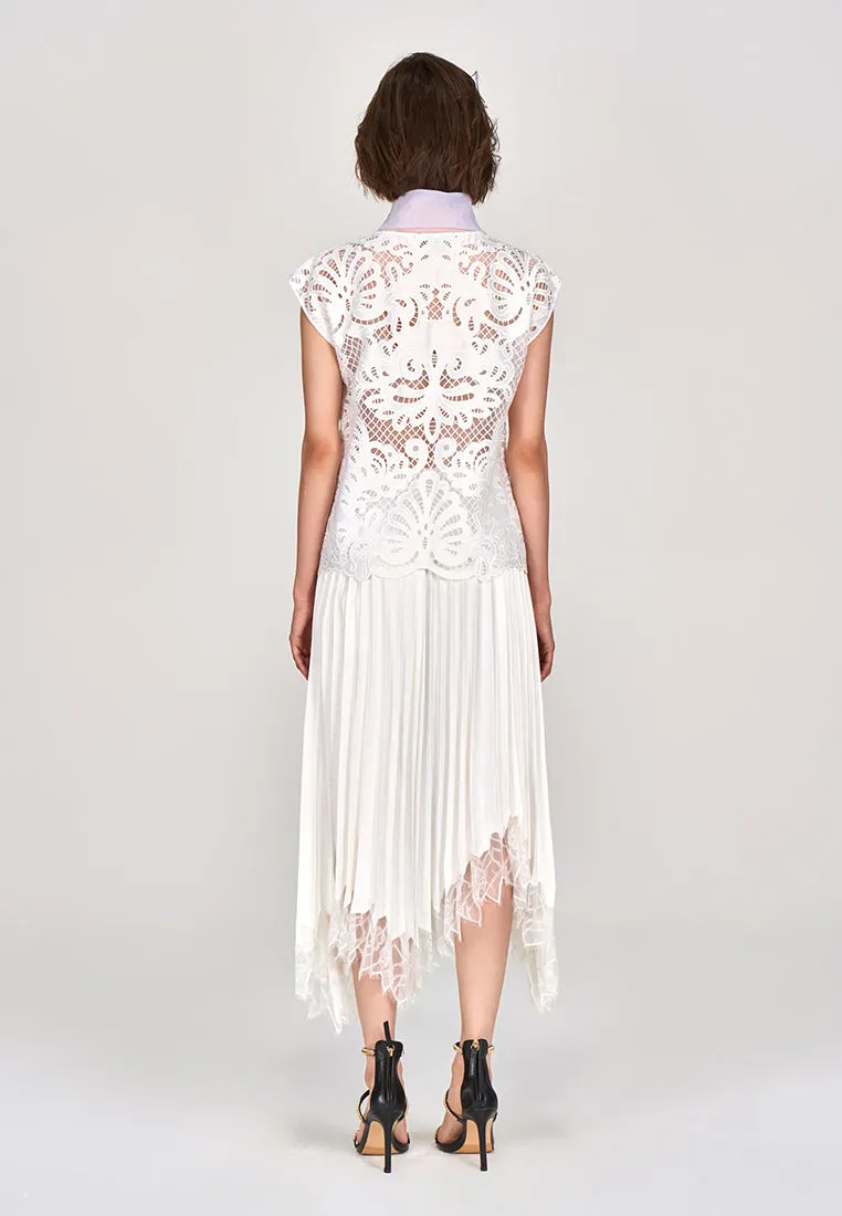 White Pussy Bow Lace Cap Sleeves Top