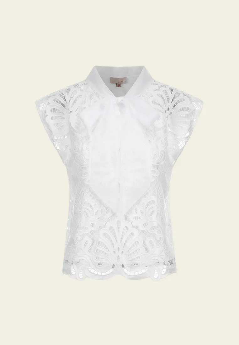 White Pussy Bow Lace Cap Sleeves Top