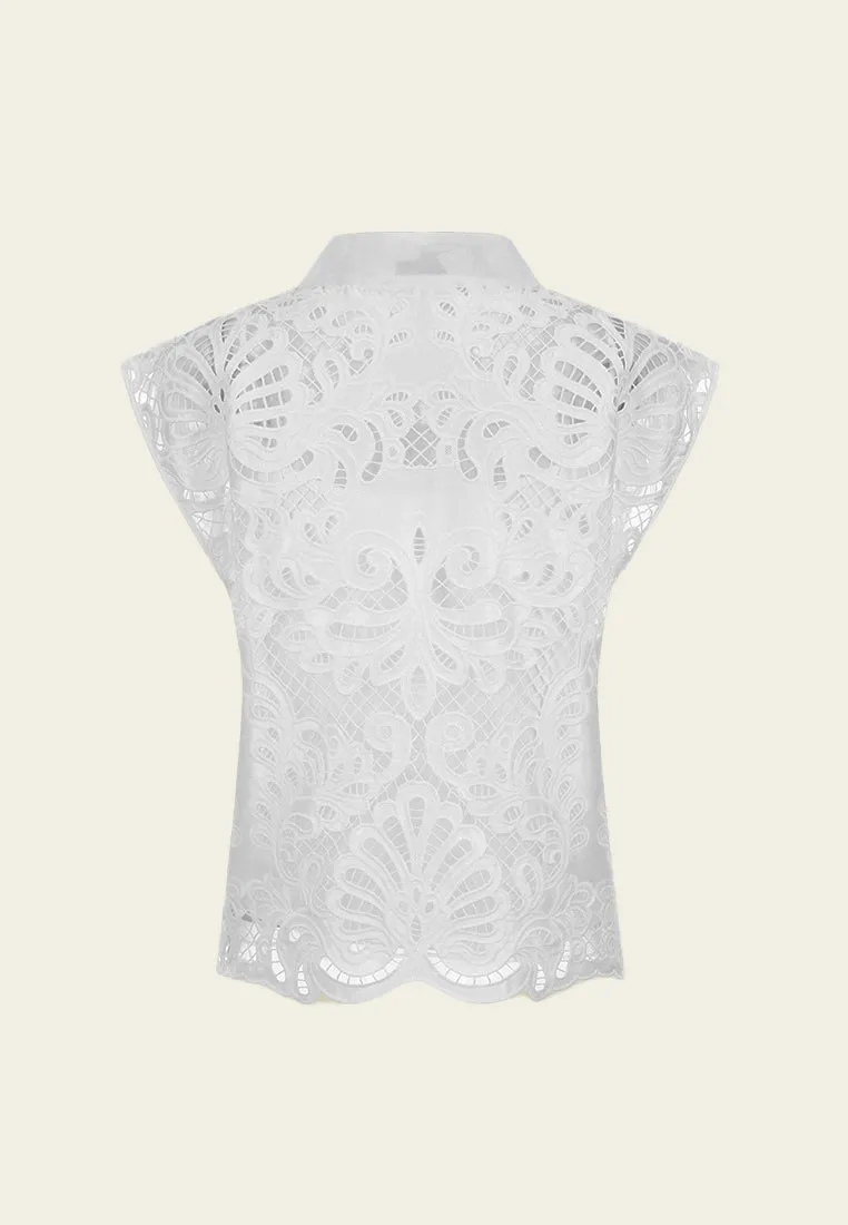 White Pussy Bow Lace Cap Sleeves Top