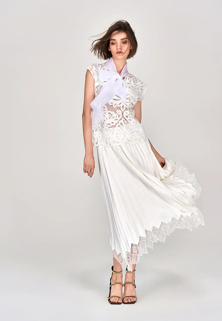 White Pussy Bow Lace Cap Sleeves Top