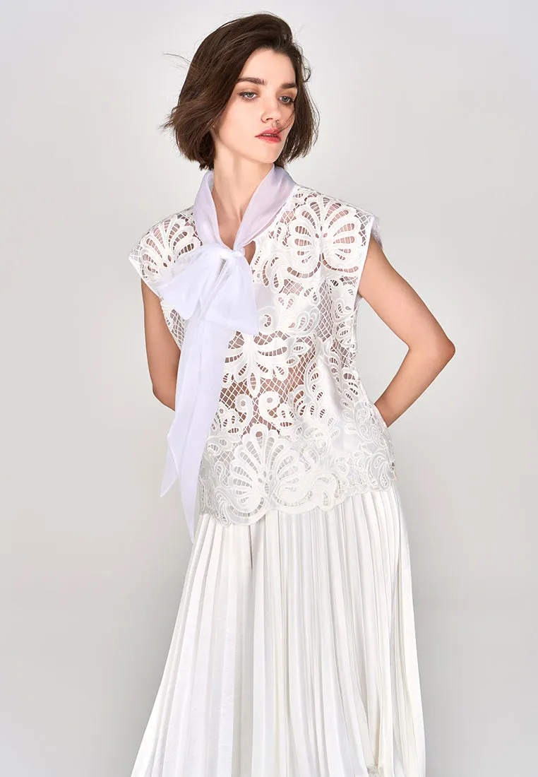 White Pussy Bow Lace Cap Sleeves Top