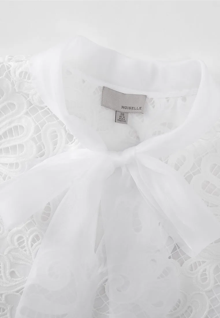 White Pussy Bow Lace Cap Sleeves Top