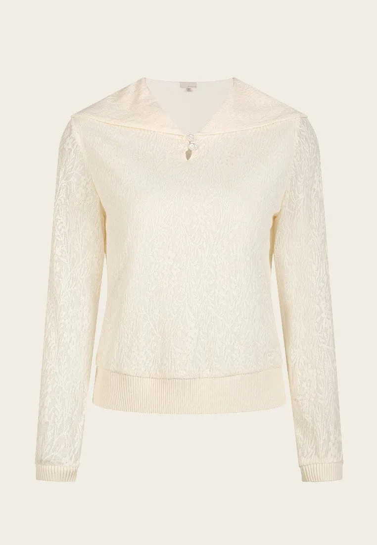 White Wide Collar Jacquard Knit Long Sleeve Top