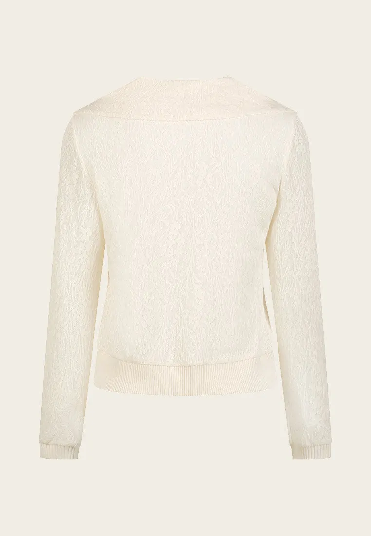 White Wide Collar Jacquard Knit Long Sleeve Top