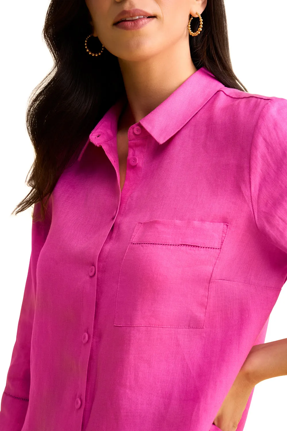 Wide Cuff Linen Shirt - Bright Rose