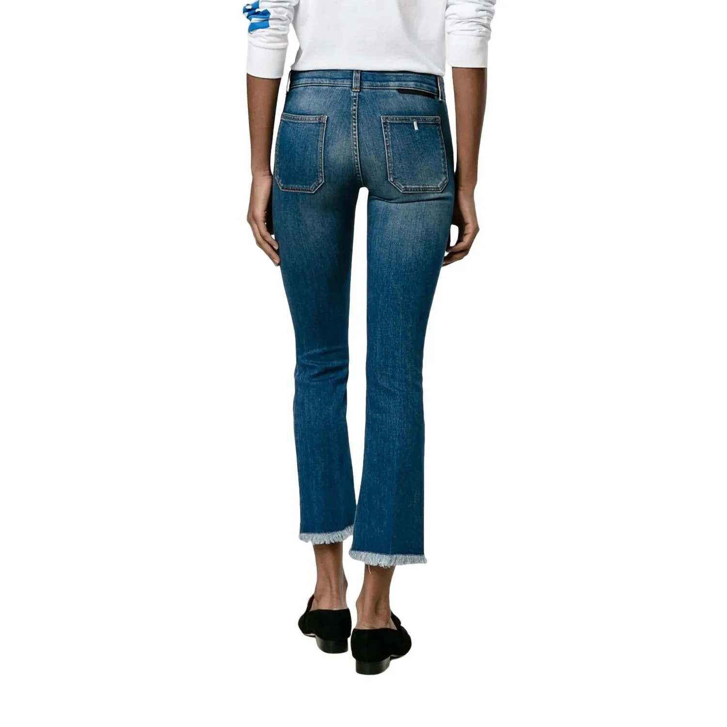 Women's Kick Flare Frayed Pocket Jean In Dark Blue