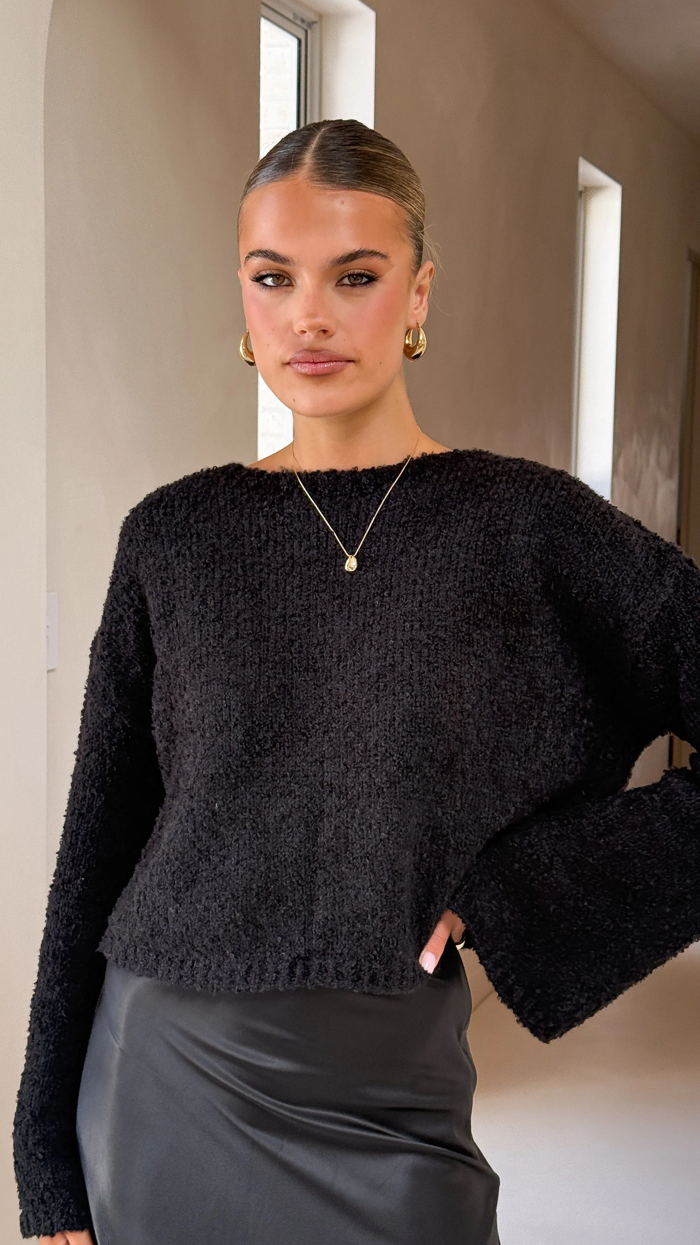 Zala Cropped Knit Sweater - Black
